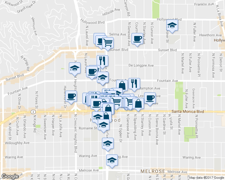 map of restaurants, bars, coffee shops, grocery stores, and more near 1221 North Orange Grove Avenue in West Hollywood