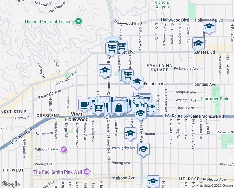 map of restaurants, bars, coffee shops, grocery stores, and more near 1261 North Laurel Avenue in West Hollywood