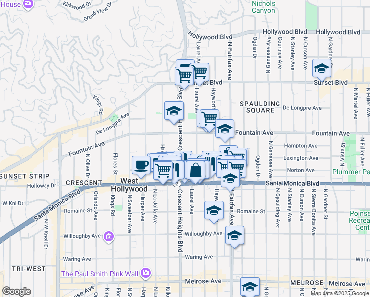 map of restaurants, bars, coffee shops, grocery stores, and more near 1261 North Laurel Avenue in West Hollywood
