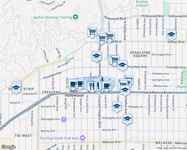 map of restaurants, bars, coffee shops, grocery stores, and more near 1257 North Crescent Heights Boulevard in West Hollywood
