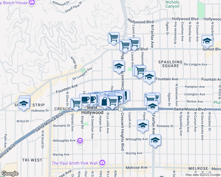 map of restaurants, bars, coffee shops, grocery stores, and more near 1253 Havenhurst Drive in West Hollywood