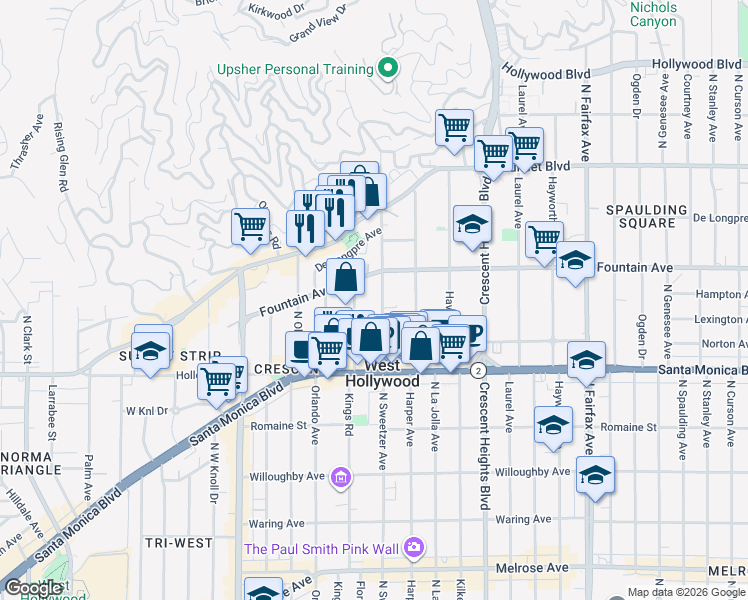 map of restaurants, bars, coffee shops, grocery stores, and more near 1260 Flores Street in West Hollywood