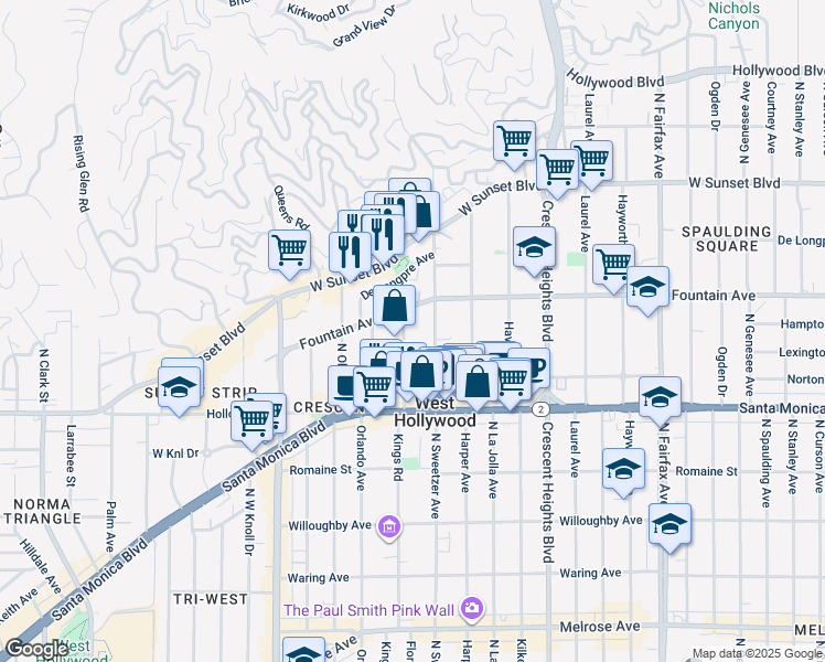 map of restaurants, bars, coffee shops, grocery stores, and more near 1260 North Flores Street in West Hollywood