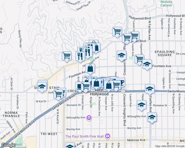 map of restaurants, bars, coffee shops, grocery stores, and more near 1260 North Flores Street in West Hollywood