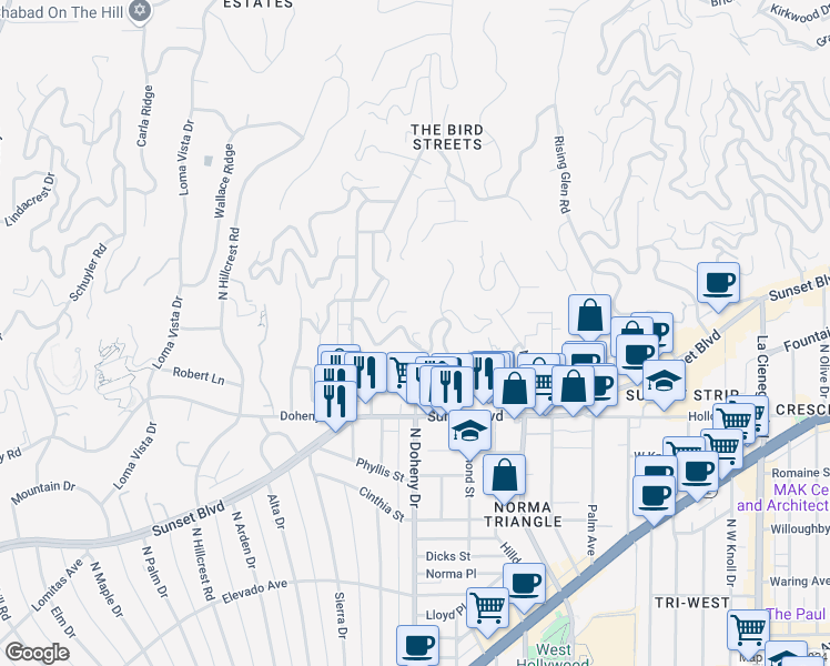 map of restaurants, bars, coffee shops, grocery stores, and more near 9116 Saint Ives Drive in Los Angeles