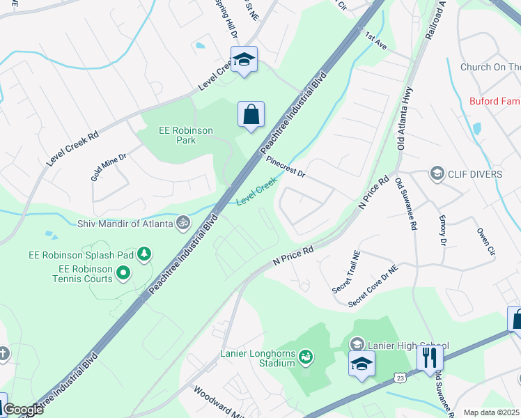map of restaurants, bars, coffee shops, grocery stores, and more near 939 Woods Chapel Road in Sugar Hill
