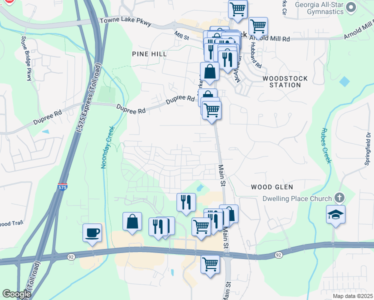 map of restaurants, bars, coffee shops, grocery stores, and more near 313 Booth Street in Woodstock