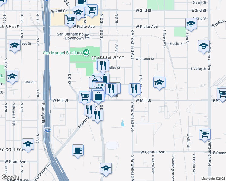 map of restaurants, bars, coffee shops, grocery stores, and more near 439 S Stoddard Ave in San Bernardino