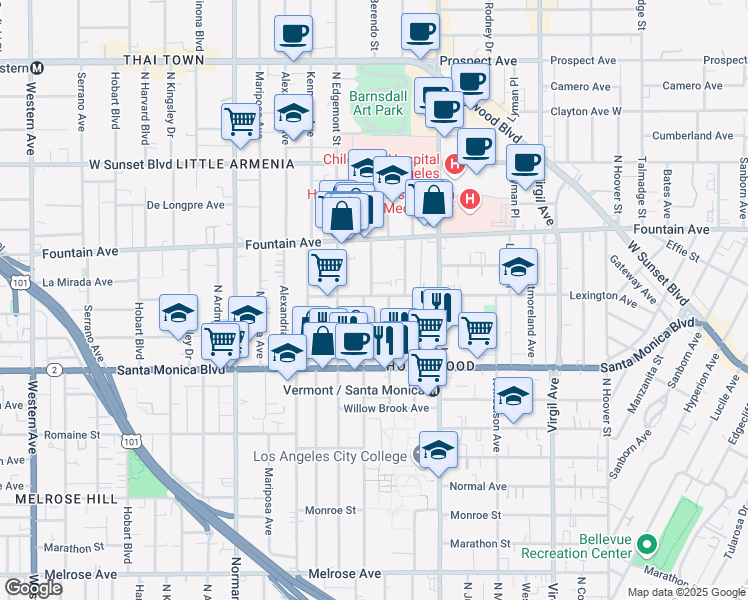 map of restaurants, bars, coffee shops, grocery stores, and more near 4848 Lexington Avenue in Los Angeles
