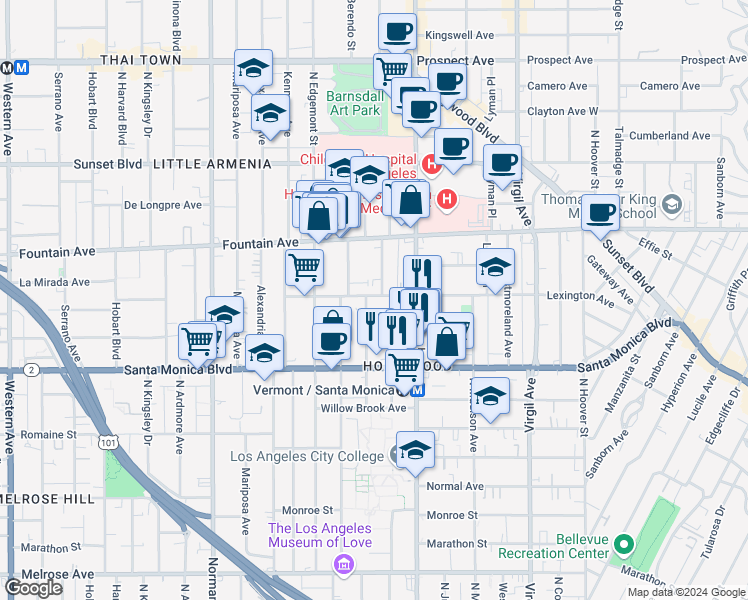 map of restaurants, bars, coffee shops, grocery stores, and more near 1184 North Berendo Street in Los Angeles