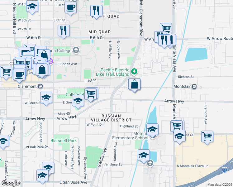 map of restaurants, bars, coffee shops, grocery stores, and more near 517 Wayland Court in Claremont