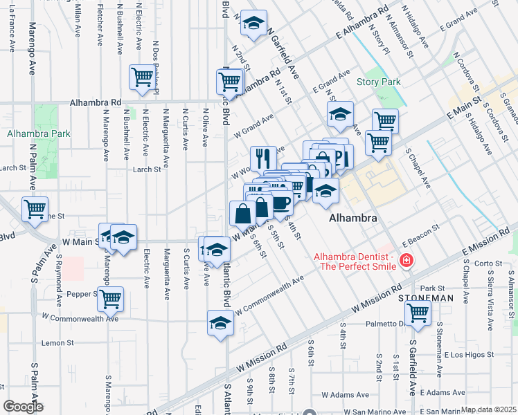 map of restaurants, bars, coffee shops, grocery stores, and more near North 5th Street in Alhambra