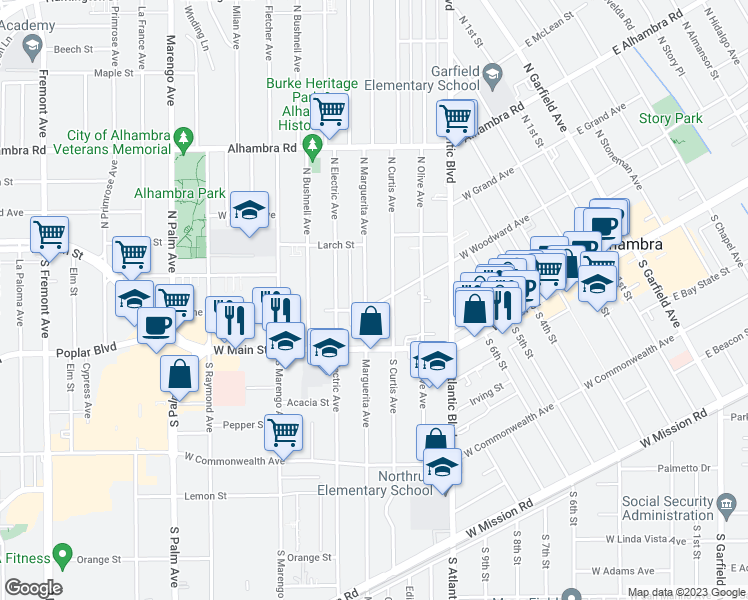 map of restaurants, bars, coffee shops, grocery stores, and more near 115 North Marguerita Avenue in Alhambra