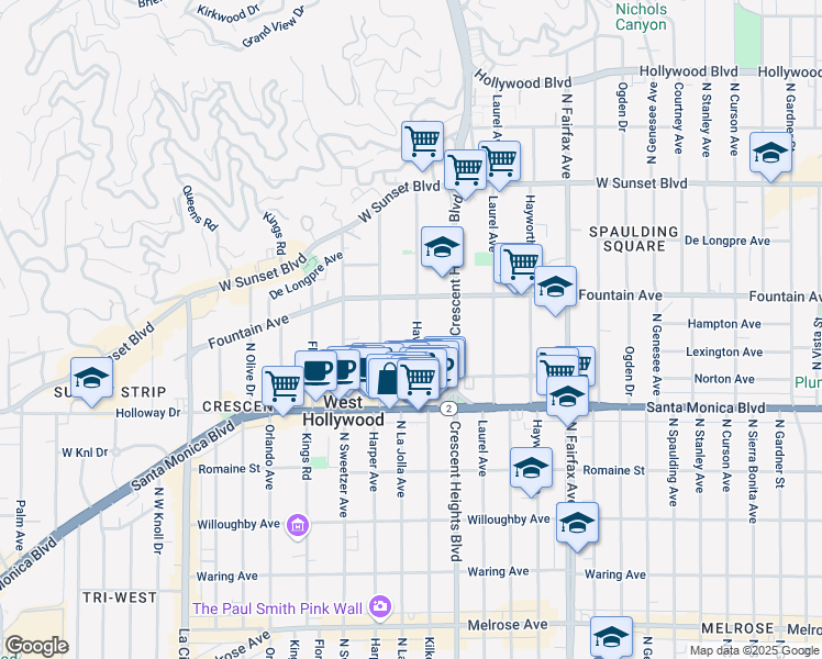 map of restaurants, bars, coffee shops, grocery stores, and more near 1253 Havenhurst Drive in West Hollywood
