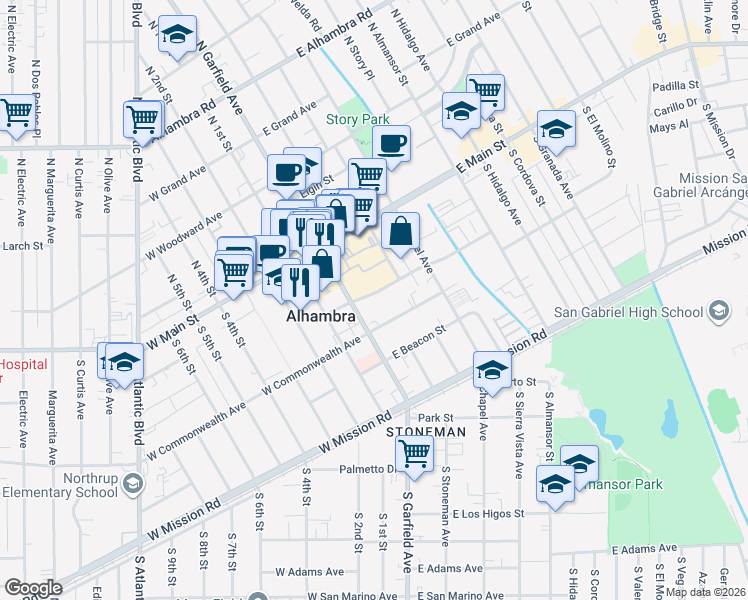 map of restaurants, bars, coffee shops, grocery stores, and more near 78 East Bay State Street in Alhambra