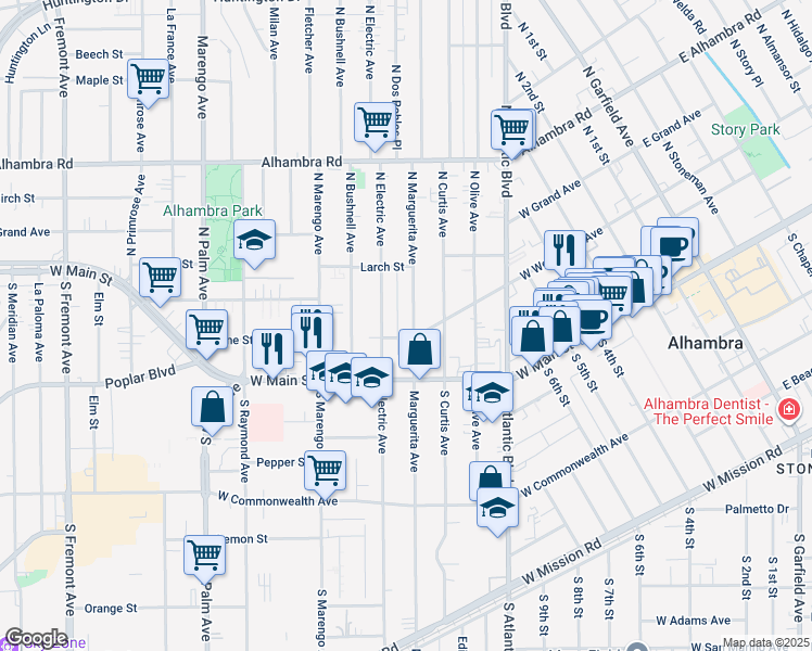 map of restaurants, bars, coffee shops, grocery stores, and more near 115 North Marguerita Avenue in Alhambra