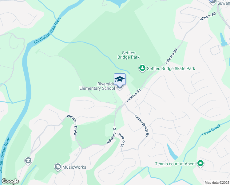 map of restaurants, bars, coffee shops, grocery stores, and more near 5445 Settles Bridge Road in Suwanee