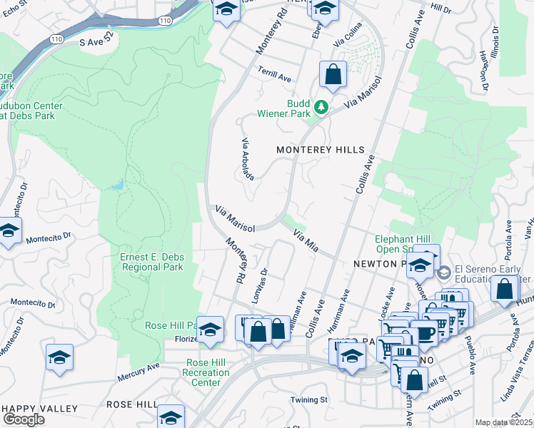 map of restaurants, bars, coffee shops, grocery stores, and more near 3961 Via Marisol in Los Angeles