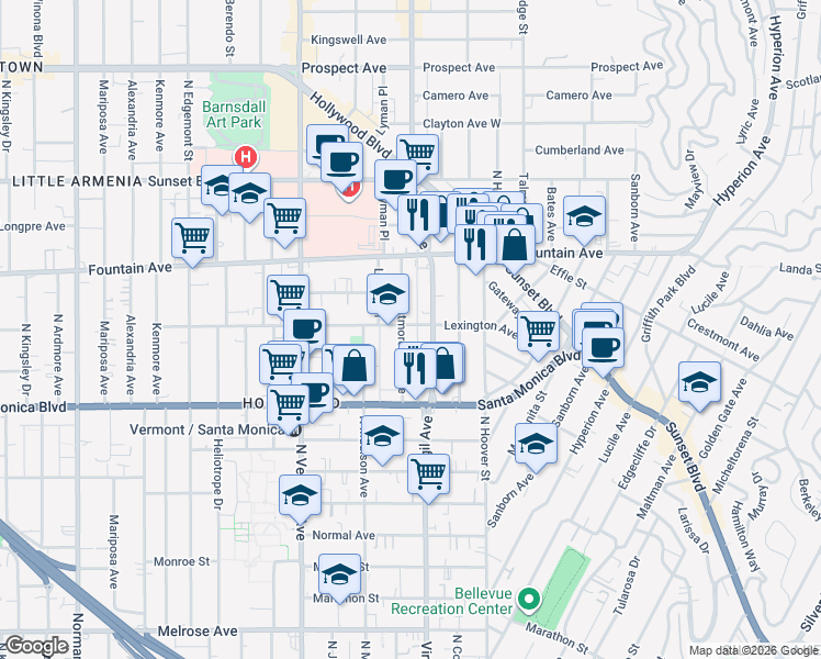 map of restaurants, bars, coffee shops, grocery stores, and more near 4522 Lexington Avenue in Los Angeles
