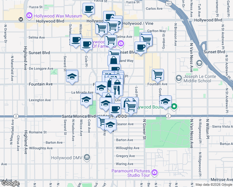map of restaurants, bars, coffee shops, grocery stores, and more near 1224 Vine Street in Los Angeles