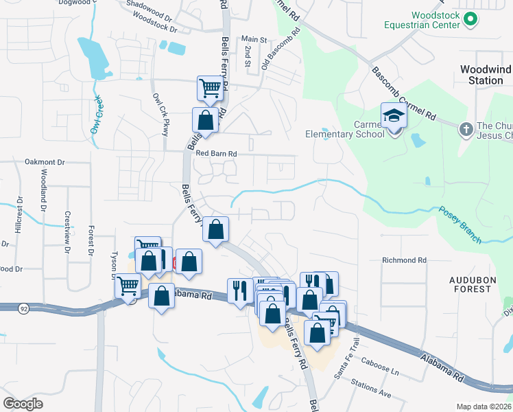map of restaurants, bars, coffee shops, grocery stores, and more near 903 Hollytree Place in Acworth