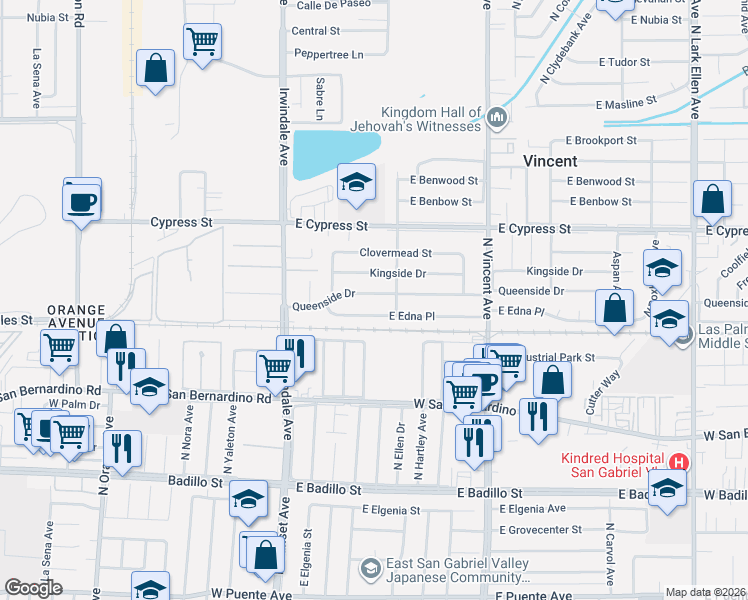 map of restaurants, bars, coffee shops, grocery stores, and more near 16150 East Queenside Drive in Covina