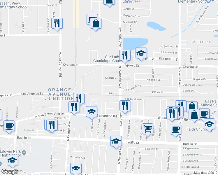 map of restaurants, bars, coffee shops, grocery stores, and more near 15820 East Queenside Drive in Covina