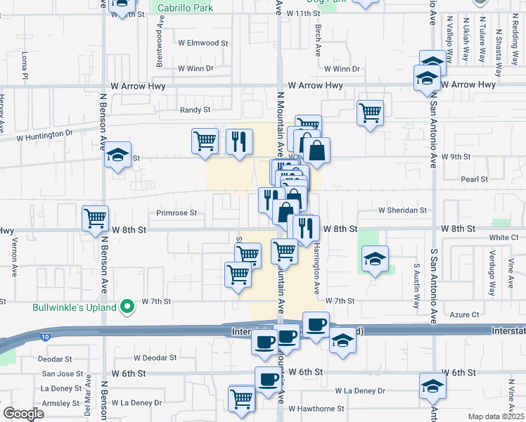 map of restaurants, bars, coffee shops, grocery stores, and more near 121 South Mountain Avenue in Upland