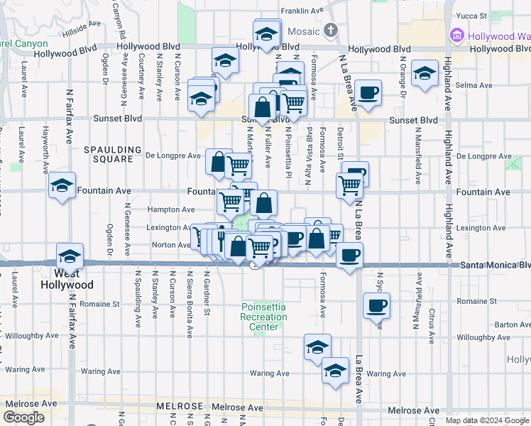 map of restaurants, bars, coffee shops, grocery stores, and more near 1226 North Fuller Avenue in West Hollywood
