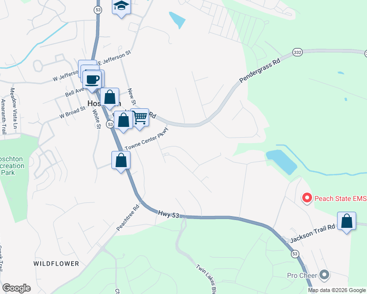 map of restaurants, bars, coffee shops, grocery stores, and more near 8187 Pendergrass Road in Hoschton