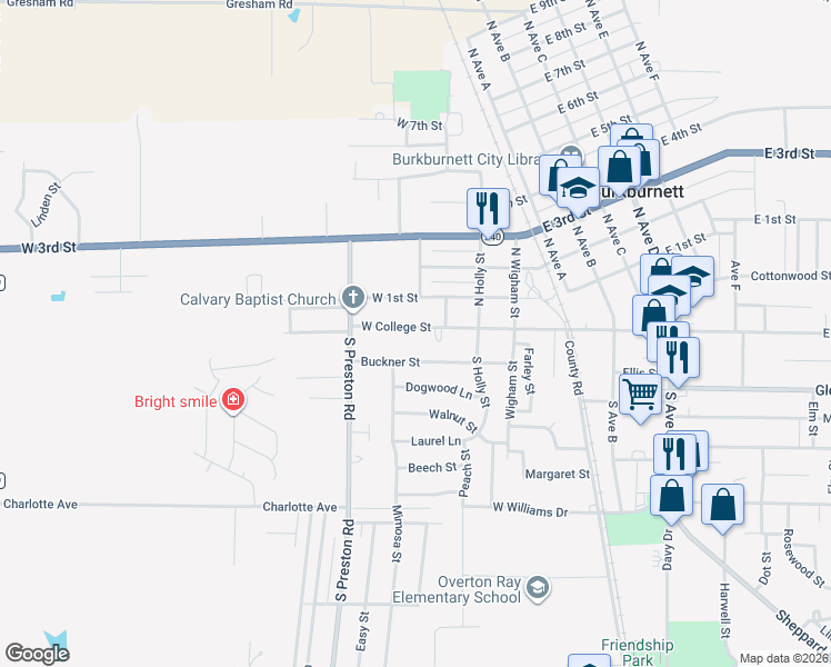 map of restaurants, bars, coffee shops, grocery stores, and more near 404 West College Street in Burkburnett