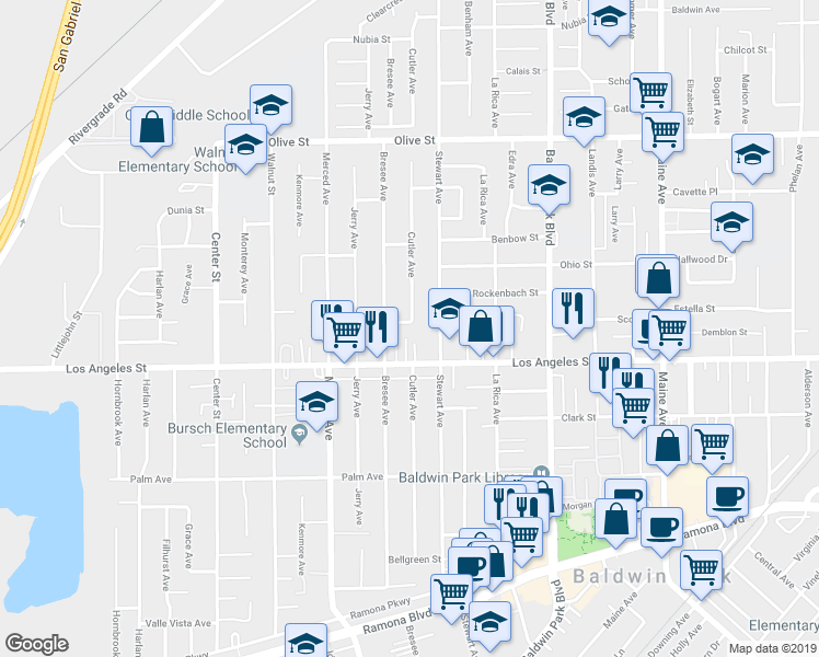 map of restaurants, bars, coffee shops, grocery stores, and more near 13924 Belgate Street in Baldwin Park