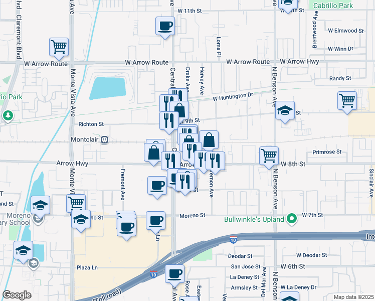 map of restaurants, bars, coffee shops, grocery stores, and more near 8821 Central Avenue in Montclair