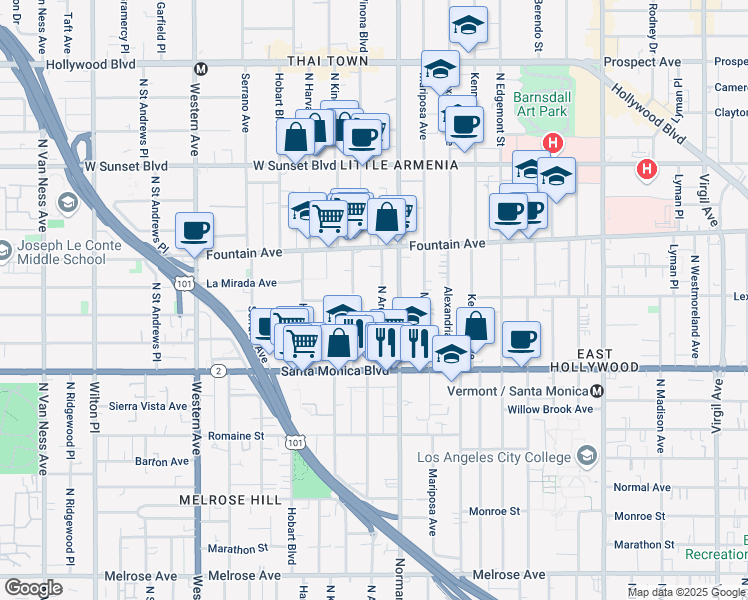 map of restaurants, bars, coffee shops, grocery stores, and more near 1202 North Kingsley Drive in Los Angeles