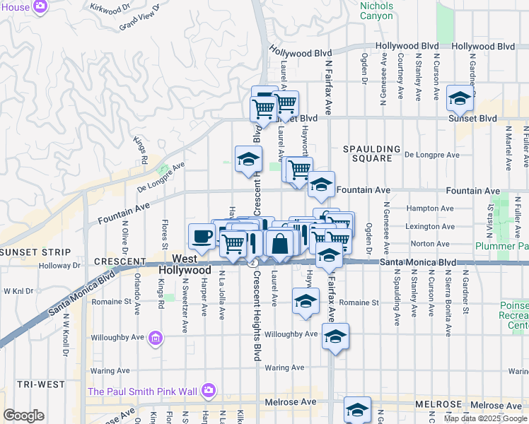 map of restaurants, bars, coffee shops, grocery stores, and more near 1250 North Crescent Heights Boulevard in West Hollywood