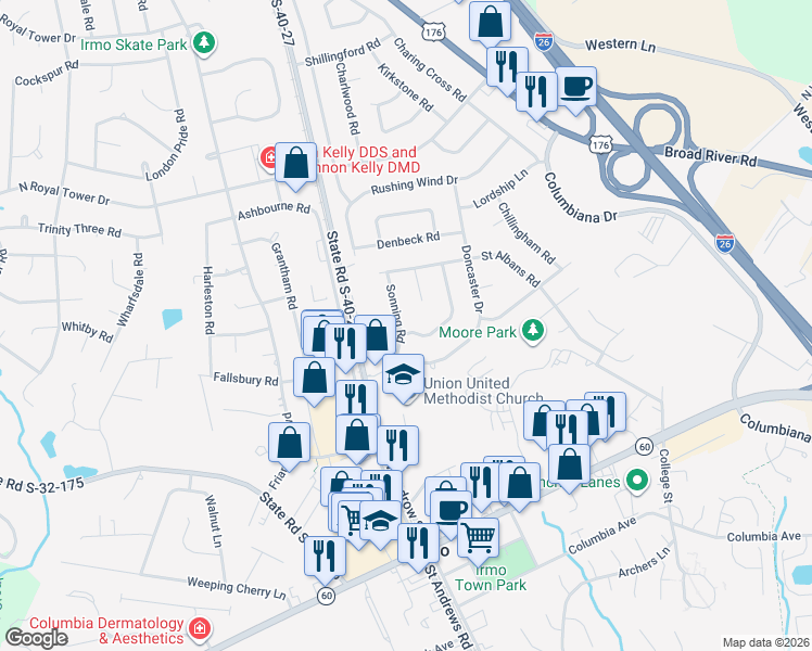 map of restaurants, bars, coffee shops, grocery stores, and more near 131 Sonning Road in Irmo