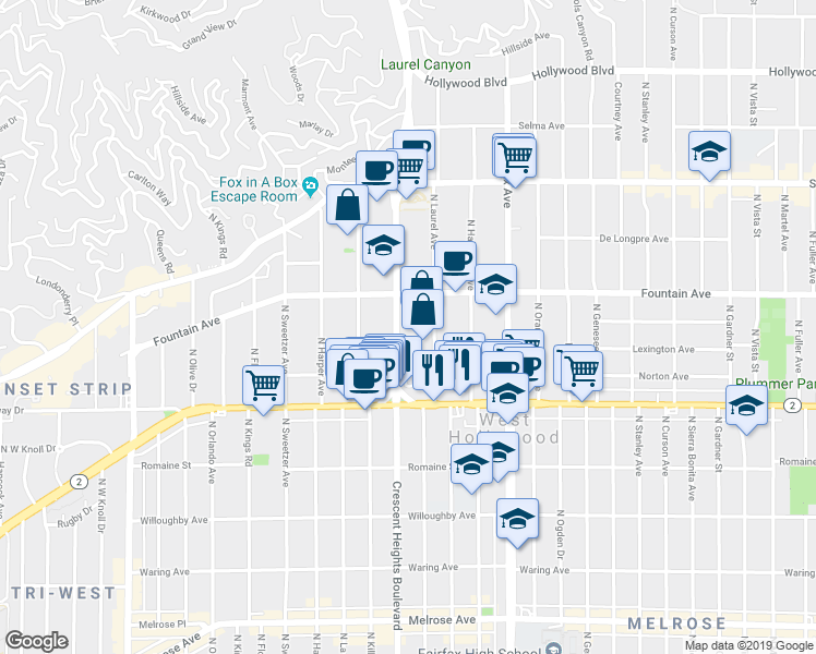 map of restaurants, bars, coffee shops, grocery stores, and more near 1252 North Crescent Heights Boulevard in West Hollywood