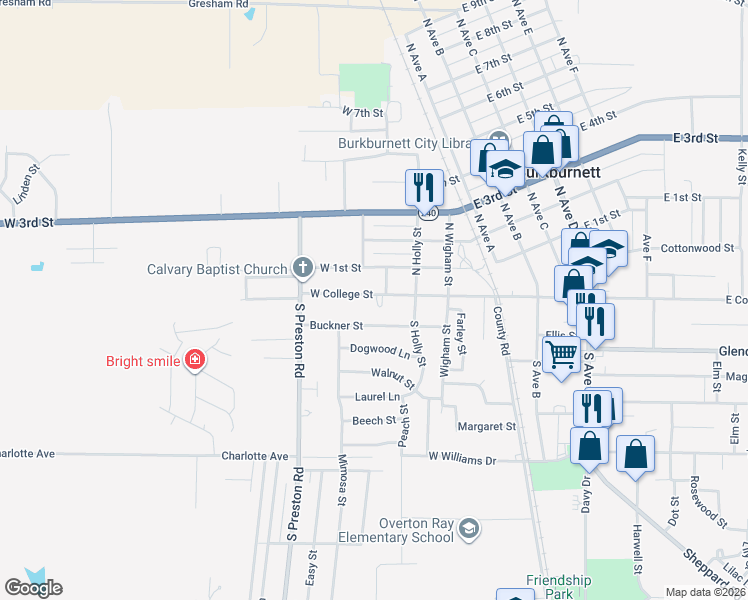 map of restaurants, bars, coffee shops, grocery stores, and more near 404 West College Street in Burkburnett