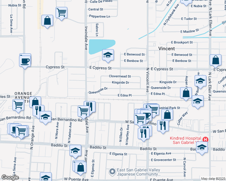map of restaurants, bars, coffee shops, grocery stores, and more near 16150 East Queenside Drive in Covina