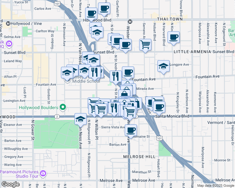 map of restaurants, bars, coffee shops, grocery stores, and more near 5602 La Mirada Avenue in Los Angeles