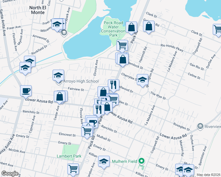 map of restaurants, bars, coffee shops, grocery stores, and more near 4849 Peck Road in El Monte
