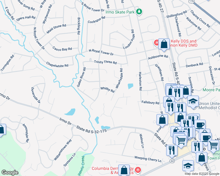 map of restaurants, bars, coffee shops, grocery stores, and more near 113 Whitby Road in Irmo