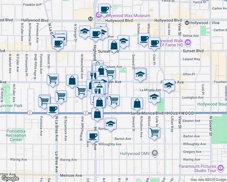 map of restaurants, bars, coffee shops, grocery stores, and more near 1231 North Las Palmas Avenue in Los Angeles