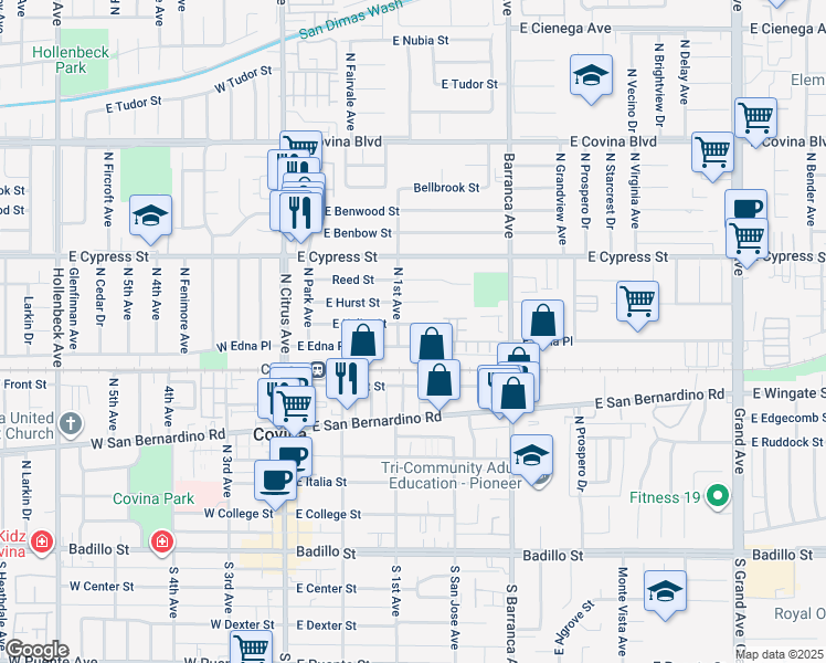 map of restaurants, bars, coffee shops, grocery stores, and more near 320 East Kelby Street in Covina