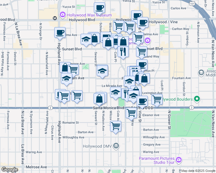map of restaurants, bars, coffee shops, grocery stores, and more near 6510 La Mirada Avenue in Los Angeles