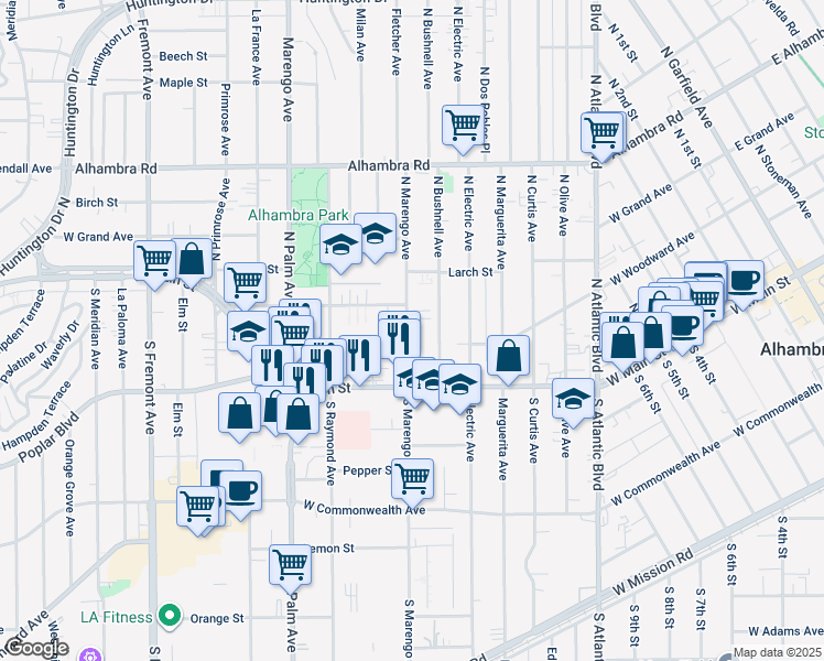 map of restaurants, bars, coffee shops, grocery stores, and more near 110 North Marengo Avenue in Alhambra