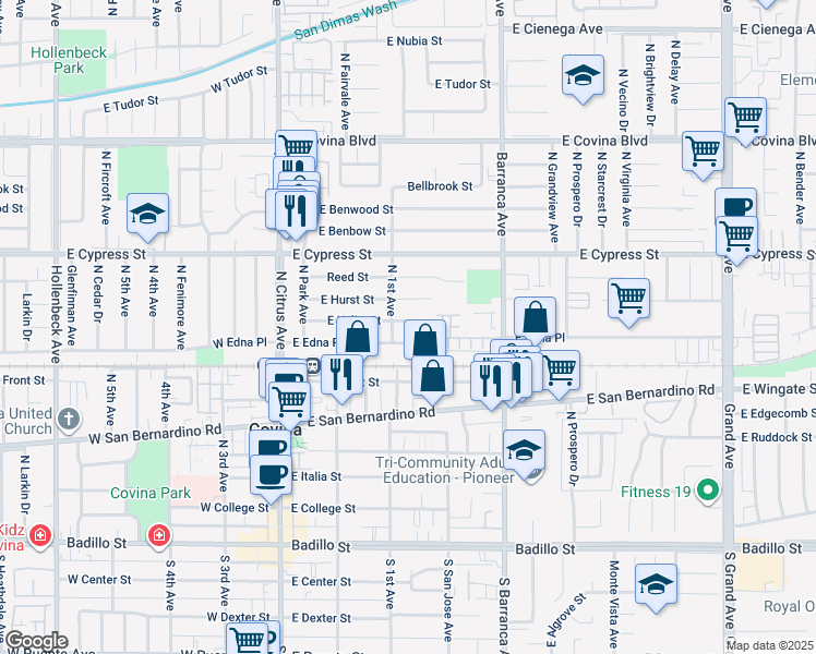 map of restaurants, bars, coffee shops, grocery stores, and more near 320 East Kelby Street in Covina