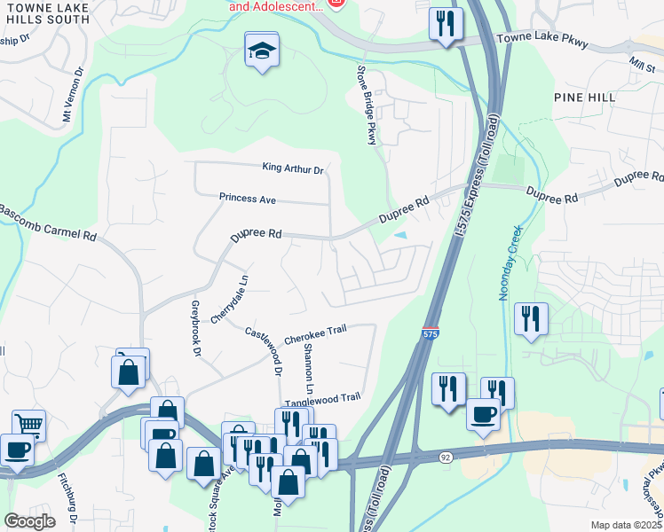map of restaurants, bars, coffee shops, grocery stores, and more near 114 Village Green Avenue in Woodstock