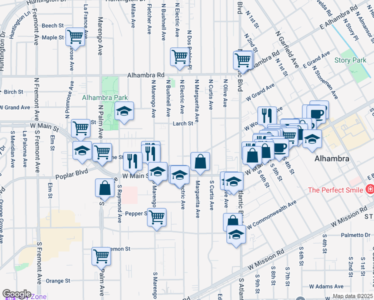 map of restaurants, bars, coffee shops, grocery stores, and more near 115 North Marguerita Avenue in Alhambra