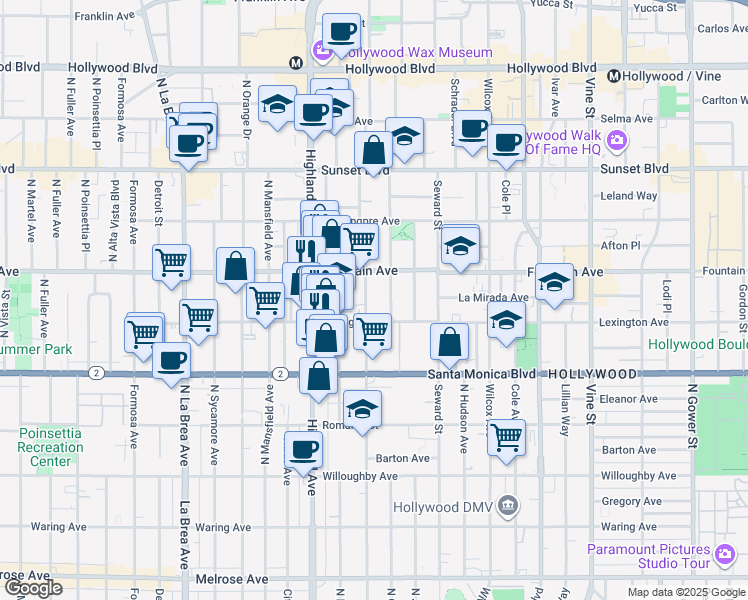 map of restaurants, bars, coffee shops, grocery stores, and more near 1231 North Las Palmas Avenue in Los Angeles